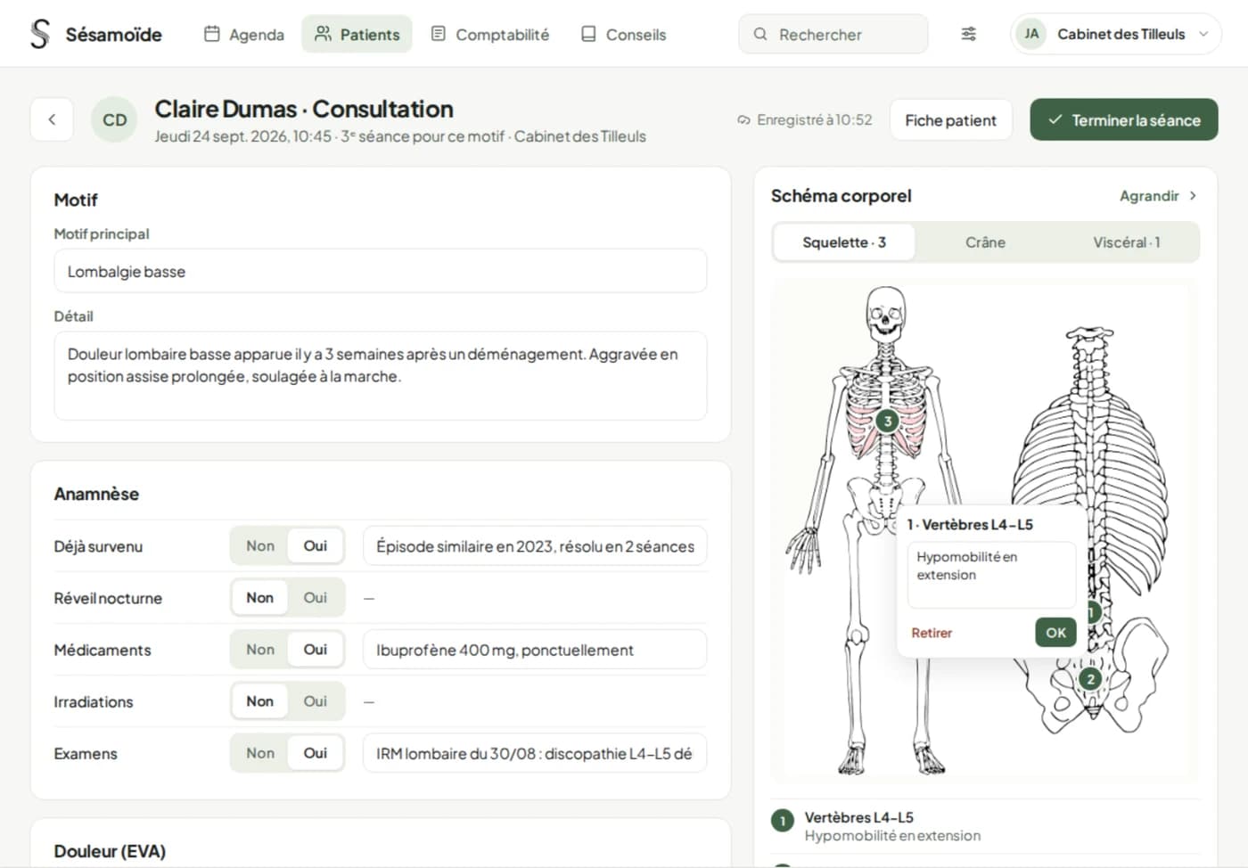 Consultation sur tablette : motif, anamnèse et schéma corporel